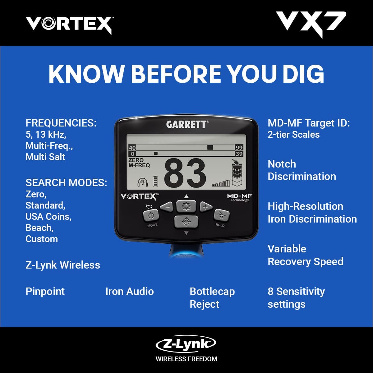 Zonguldak Garrett Vortex VX7 Dedektör - VX7 hedef ID ekranı, iki katmanlı MD-MF okuma ile demir ve iletken hedefleri ayırmaya yardım eder.